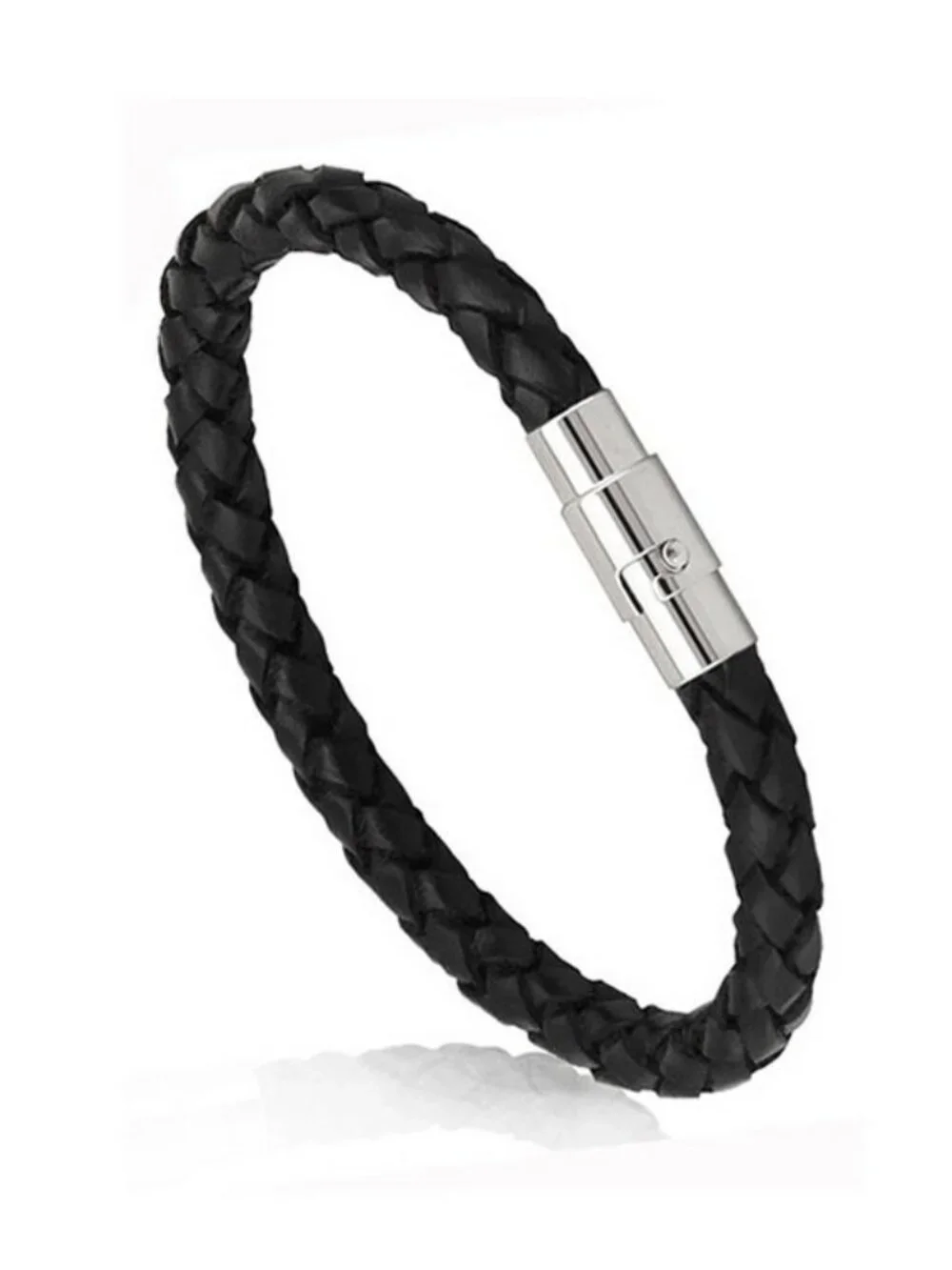 LoreVibe Black Braided Faux Leather Bracelet Polished Silver Snap Clasp Minimal